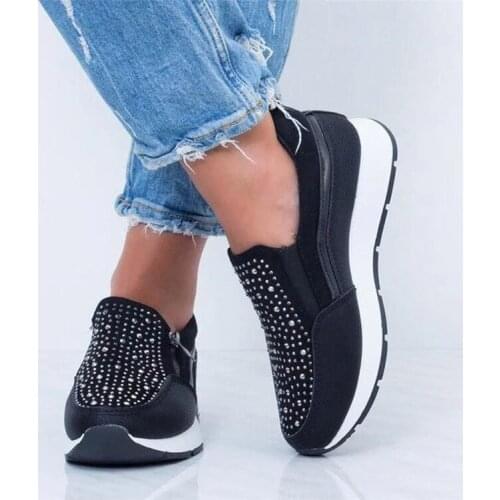 Akexiya 2021 New Women Crystal Sneakers women Non-slip Breathable Vulcanized Shoes woman Spring Autumn Casual Zipper Flat Shoes
