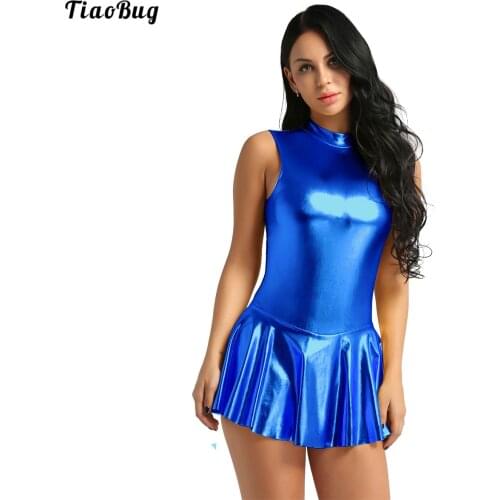 TiaoBug Summer Women Shiny Metallic Faux Leather Stand Collar Sleeveless Back Zippered A-Line Dress Party Clubwear Dress