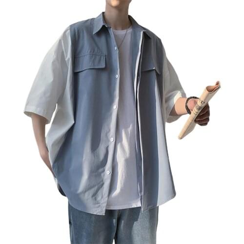 Men Casual Fashionable Fake Two Pieces Turn Down Collar Half Sleeves Shirt Top