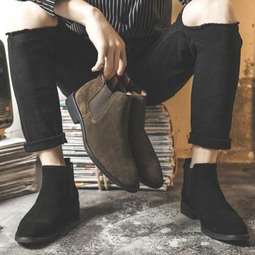 DESAI Mens Chelsea Boots Genuine Leather High Shoes Cow Suede Fashion England Pointed Martin Boots Plus Velvet Loafer Boots Men