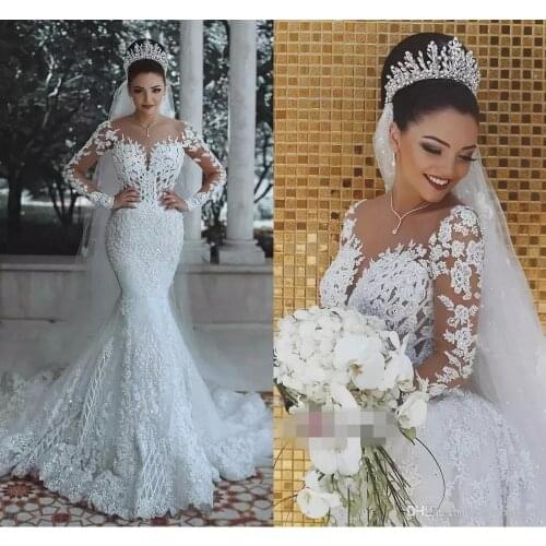 Real Newest Mermaid Wedding Dresses with Sheer Neck Long Sleeves Appliqued Pearls Sweep Train Scoop Neck Wedding Bridal Gown