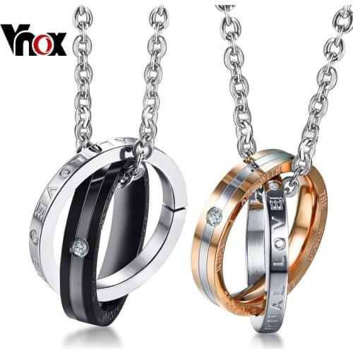 Vnox Interlocked Circle Engraved Love Couple Necklaces for Women Men Round Pendant Stainless Steel 20" Chain Lover Jewelry Gift