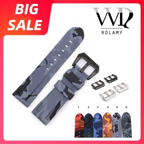 Rolamy Watch Band 22 24mm Waterproof Silicone Rubber Replacement Camo Grey Red Watchband Loops Strap For Panerai Luminor Strap
