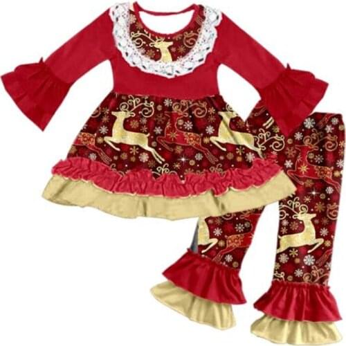 Reindeer fabric clothing set Christmas girl red outfit with lace