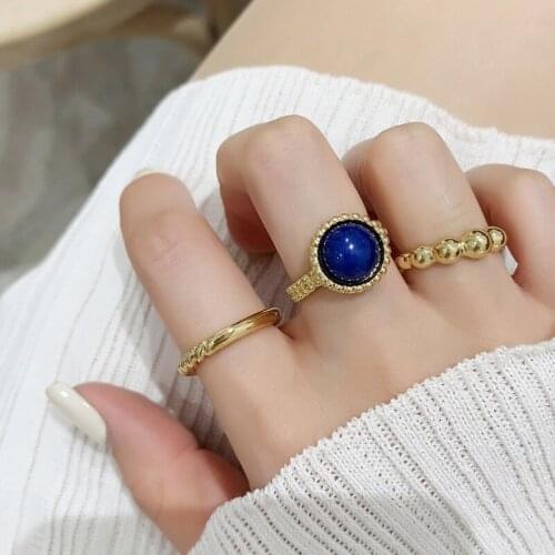 U-Magical French 3pcs Round Beaded Blue Color Rhinestone Ring for Women Textured Twist Metallic Index Finger Ring Jewelry