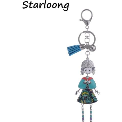 High Quality Drip Alloy Keychain Chaveiro Drop oil Glaze little girl blue skirt KeyChain women stainless Key Ring