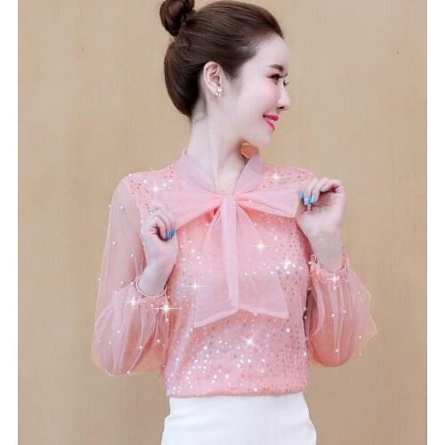 Womens Spring Summer Style Chiffon Blouse Shirt Womens Mesh Solid Color Bow V-neck Elegant Casual Temperament Tops DD8382