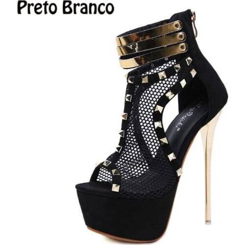 PRETO BRANCO 2020 New Platform Women Sandals Heels Rivet Sandals High-Heel Stiletto Rivets Cut-out Grid High-Heel Sandals JXQ