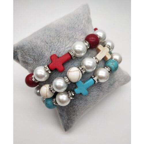 Trendy Jesus Cross Charm Blue Turquoises Men Bracelet Imitation Pearl 10mm White Beads Bracelets Bangles for Women Yoga Jewelry