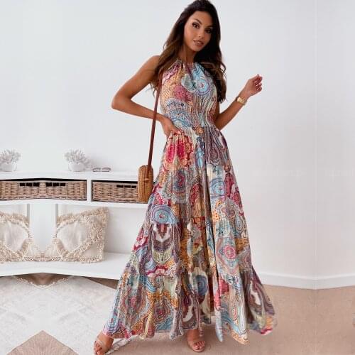 Ladies Summer Women Chiffon Halter Maxi Dress Sexy Floral Print Backless Bohemian Beach Dress Ruffles Big Hem Long Dress Female