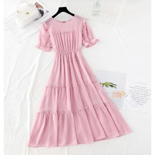 Pink Dress Vintage O-neck Solid color Ruffle Chiffon Long Dress Short Sleeve Elegant Dresses Women Summer Clothes 2021