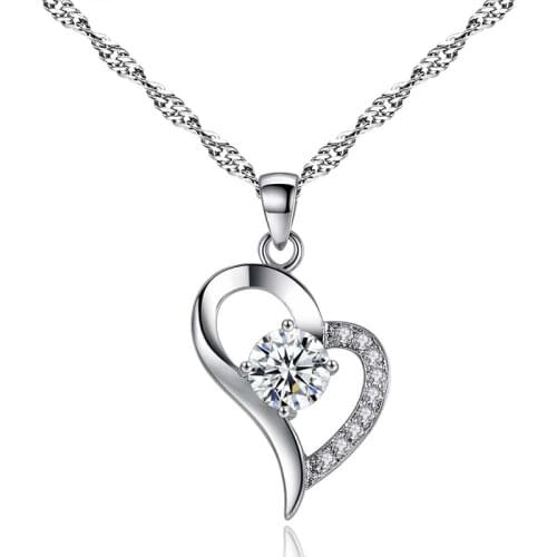 1 piece heart love hanging pendant necklace setting cubic zirconia water wave chain silver color necklace for women