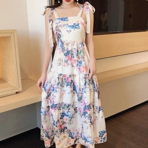 2021 Summer Fashion Runway Holiday Dress Women Spaghetti Strap Backless Floral Print Beach Boho Party Long Dress