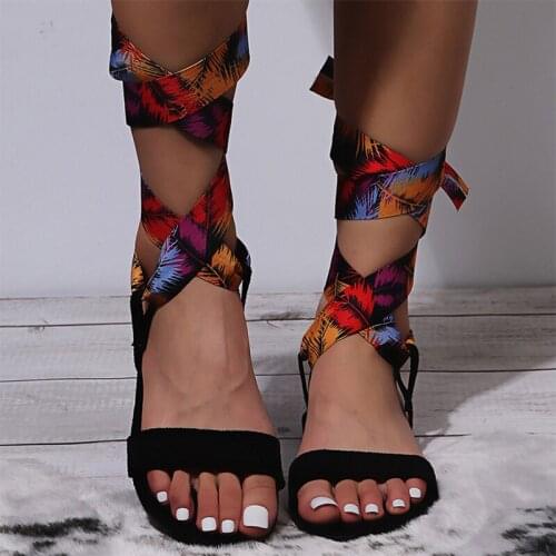 2021 Women Flock Print Bandage Sandals Female Party Lace-Up Summer Beach Flat Ladies Fashion Casual Comfort New Shoes Big Size