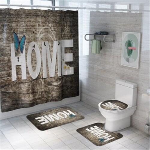 4Pcs/set Bathroom Mat Set Anti-slip Love Print Bath Mat Shower Curtain Floor Mat Washable Bathroom Toilet Rug