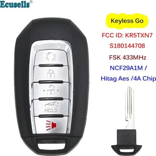 5 Buttons Smart Remote Key FSK 433MHz NCF29A1M HITAG AES 4A Chip Keyless-Go for Infinit QX60 2019 FCC ID: KR5TXN7 / S180144708