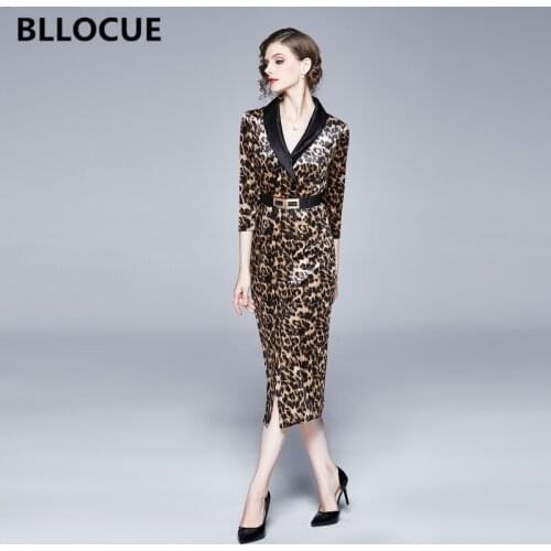 BLLOCUE Fashion 2020 Women Leopard Print Velvet Female Elegant Slim Suit Dress Office Work OL Party Ladies Midi Dress Vestidos
