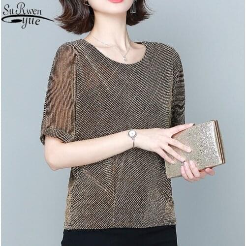 Oversize Summer Blouse Womens Shirt Loose Top Short Sleeve Blouses for Women Sequin Shinny Shirt Office Lady Shirt 13713