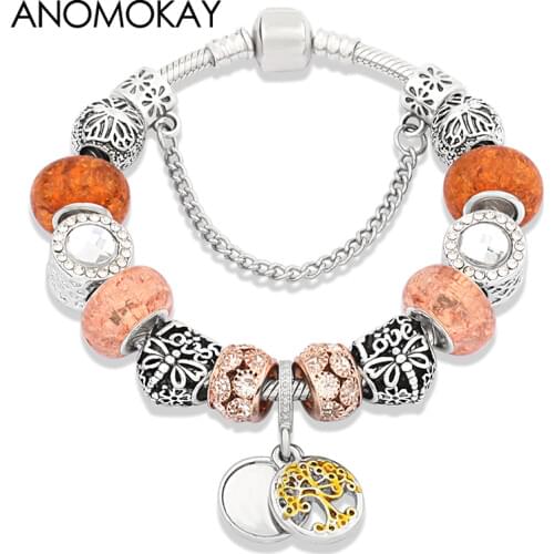 New Gold Color Tree of Life Pendant Charm Bracelet Silver Plated Heart Bracelet DIY Yellow Crystal Bead Bracelet Pulseras