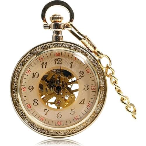 Luxury Yellow Gold Unisex Handwinding Mechanical Pocket Watch Manually Skeleton Clock Arabic Number Dial Golden Pendant Chain