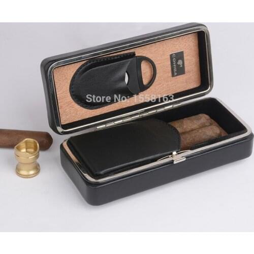 COHIBA Travel Cigar Case Black Leather Cedar Wood Lined Cigar Holder Mini Humidor with Cutter