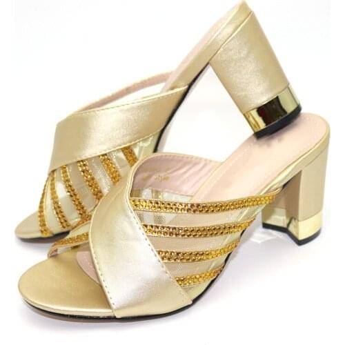 Hot sale gold women high heel shoes with rhinestone decoration african pumps for dress V1818-3,heel 9CM