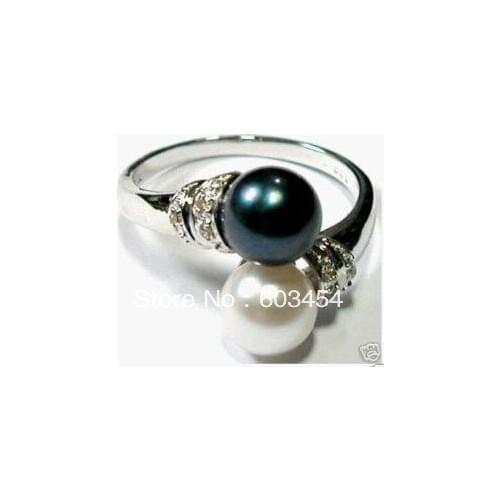 GOOD SHIPPING>>>@@ Charming black white shell pearl womens ring size:6,7,8,9# / S 1Pcs
