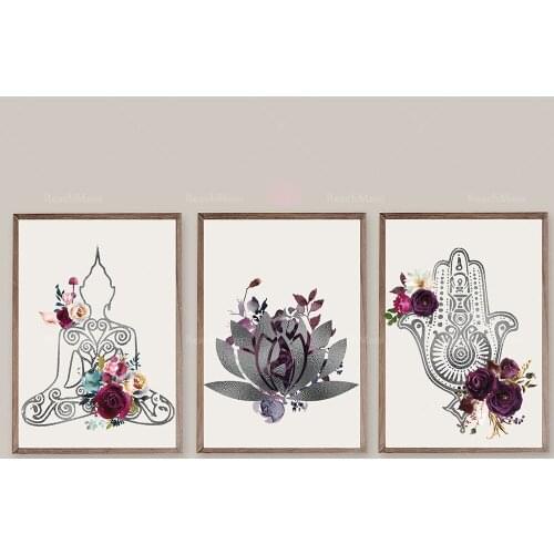 Buddha Meditation Spiritual Prints, Buddha Wall Art, Hamsa Hands, Zen Lotus Yoga Studio Flower Poster Meditation Buddha Namaste