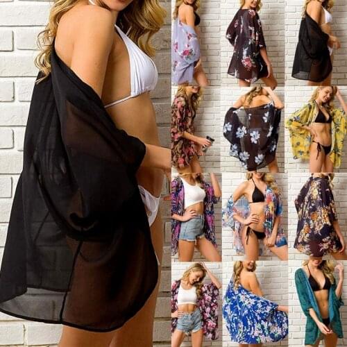 Cover Up Swimwear Summer Women Chiffon Floral Kimono Beach Cardigan Sheer Long Blouse Shirts Female Tops Swim Suit See Through