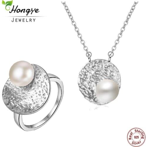 Hongye 2 Pcs/Sets Necklace Ring 925 Sterling Silver Freshwater Pearl Jewelry Sets Geometric Design Women Jewelry Accessories