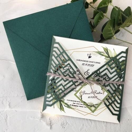 50pcs newly designed green plant-themed laser cut wedding invitations with envelopes Wedding Party Favor Decoration