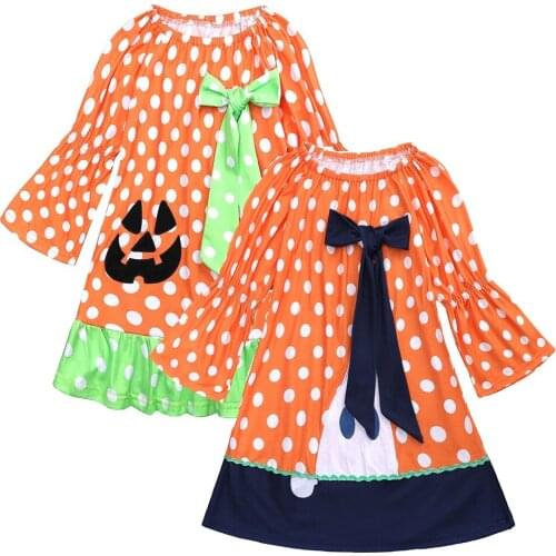2018 Halloween Baby Girl Dress Children Pumpkin Costumes Clothes Polka Dot Orange Girls Dresses Jumper 100% Cotton Outfit Bowtie