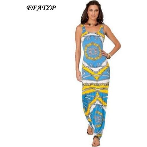 [EFATZP] Luxurious Fashion Brands Womens Blue Chain Print Stretch Jersey Silk Tank Dress Long Maxi Beach Dress XXL