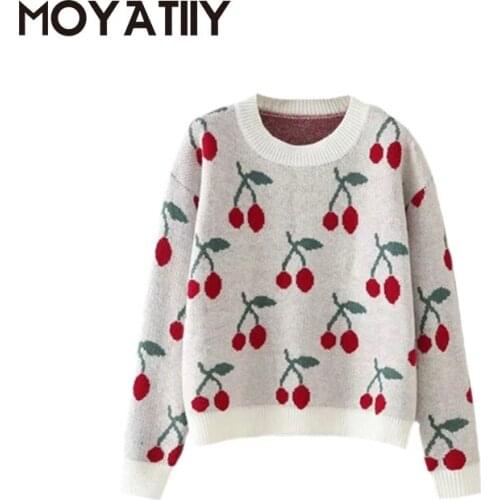 MOYATIIY Fashion Women Winter Sweaters Cartoon Cute Cherry Pattern Pullovers Loose O-Neck Casual Female Sweater Tops New Arrival