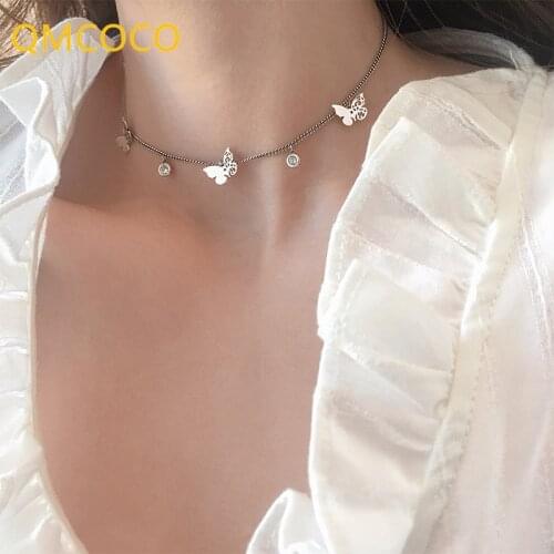 QMCOCO 925 Silver Hollow Out Butterfly Clavicle Chain Charm Necklace for Women Trendy Elegant Birthday Party Jewelry Gifts