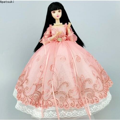 Pink Handmade Princess Wedding Dress For Barbie Doll Clothes Outfits 1/6 Dolls Accessories Puff Sleeve Bowknot Party Gown Toy