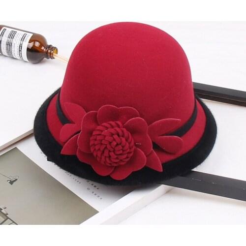 Elegant Ladies Formal Fedora Bowler Hats Fashion Vintage Women Hat Imitation Woolen Flower Autumn Winter Keep Warm Bucket Cap