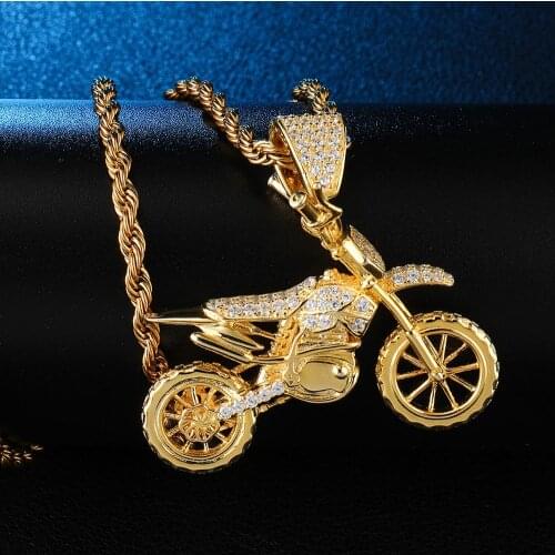 Hip Hop AAA CZ Stone Bling Ice Out Gold Color Motorcycle Moto Pendants Necklace for Men Rapper Jewelry Drop Shipping