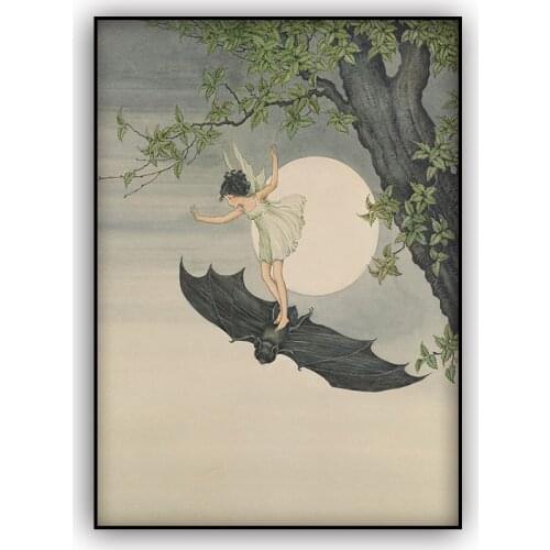 Vintage Fairy Tale Illustration Fairy Riding a Bat Wall Art Canvas Print Woodland Picture Painting Full Moon Antique Witch Art