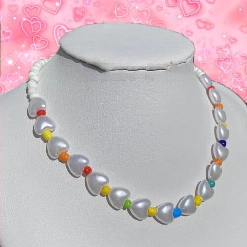 Y2K Jewelry Heart Beads Necklace for Women Pearl Bohemian Colorful Vintage Harajuku Necklace Charms 90s Aesthetic Gifts New
