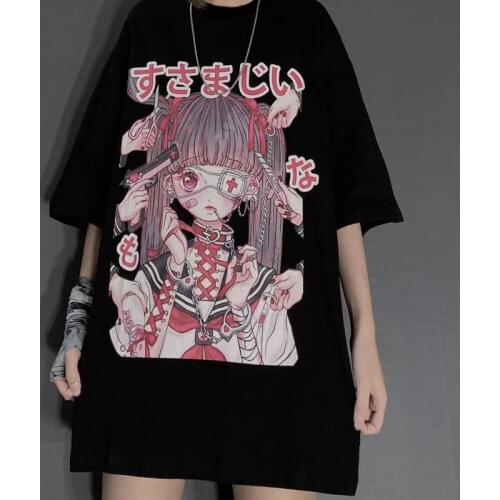 Summer Korean Style Women Shirt Ins Dark Retro Anime Printing Oversize T-shirt Harajuku Female Short-sleeved Gothic Clothes