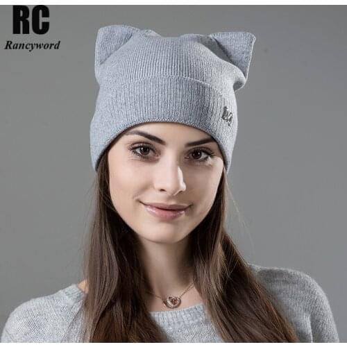 [Rancyword] Womens Winter Hat Wool Beanie Skullies Lovely Cat Ear Hat Cap Female Knitted Wool Warm Hats For Women Pompon RC1244