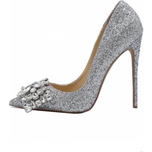 2019 New Arrival Cute Crystal Butterfly Silver Black Shoes Sexy High Heels Pointed Toe Shallow Pumps Woman Wedding Dress Shoe