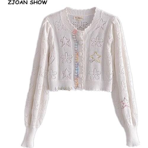 2021 Vintage Hollow Out Hole Star Heart Hand Knitted Cardigan Cropped Women Single-breasted Button Sweater Long sleeve Jumper