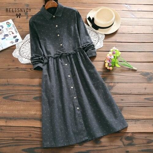Slim Winter Vintage Women Dress Turn Down Collar Printed Elbise Vestidos De Festa Spring Long Sleeve String A-Line Dresses