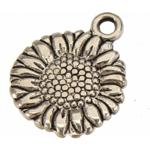 DIY Charms Pendants For Bracelets Suspension Sunflower Small Double Flat Silver Metal Hairpins Jewelry Findings 15*12*1mm 50pcs