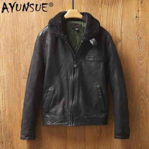 AYUNSUE 2020 Mens Leather Jacket Autumn Winter Genuine Leather Jacket Men Vintage Short Sheepskin Coat Slim Fit MG9-k9111 KJ