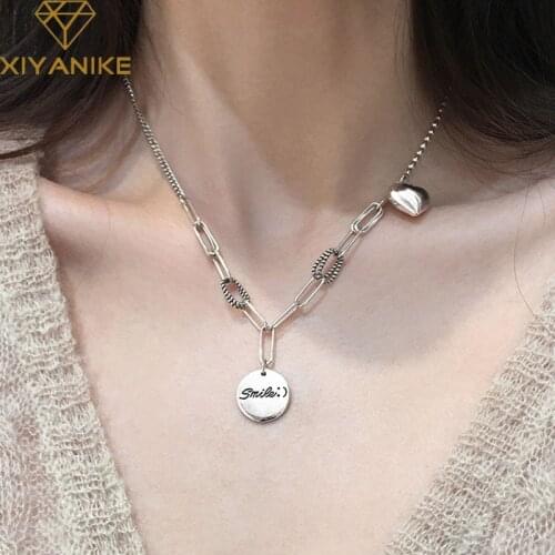 XIYANIKE 925 Sterling Silver LOVE Heart Pendant Necklace for Women Trendy Vintage Thai Silver Round Tag Clavicle Chain Jewelry
