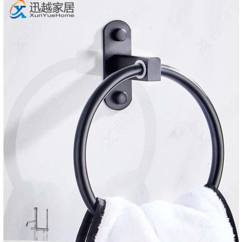 Towel Holder Ring Black Aluminum Round Wall Mounted Hanging Rack Shelf Bathroom Bar Accessories