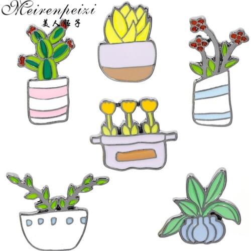 Meirenpeizi Potted Plant Cactus Enamel Pins Metal Lovely Badges Brooch Vintage Brooches For Women Jewelry Clothing Collar Lapel